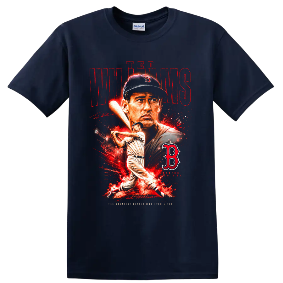 Ted Williams Boston Red Sox portrait and batting graphic with distressed red lettering on a Navy (Blue) T Shirt