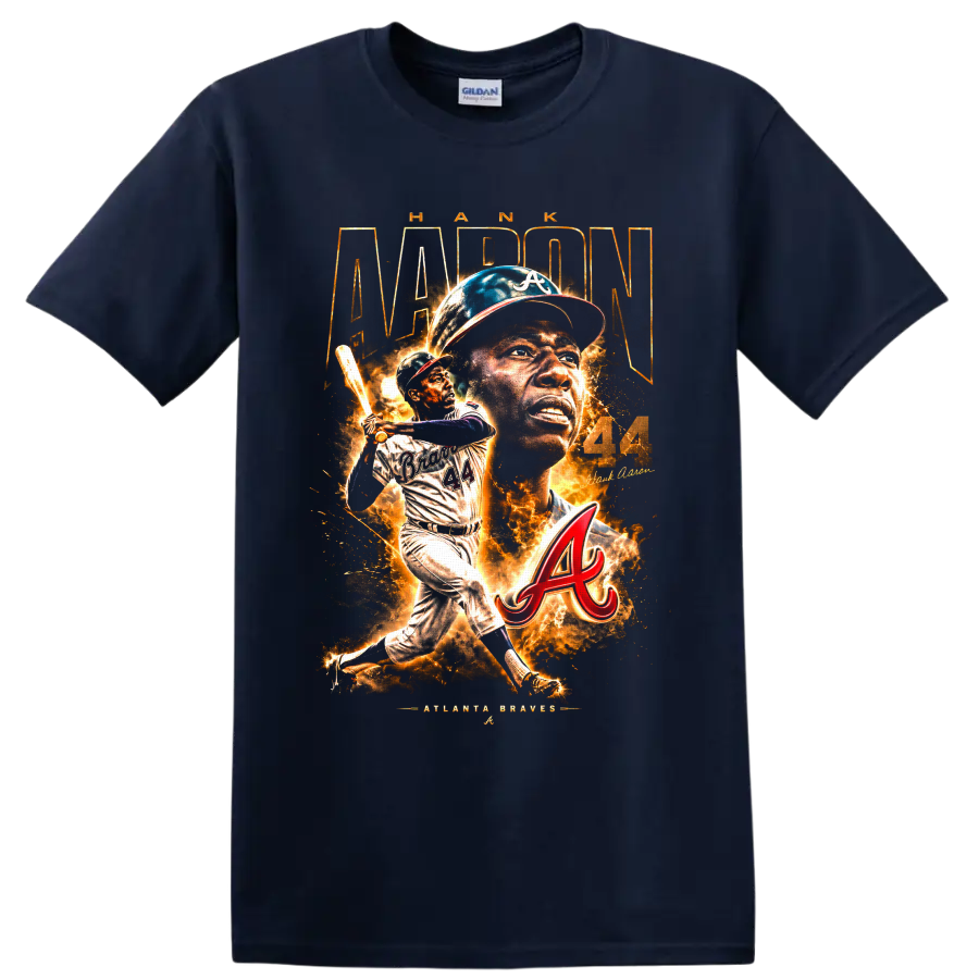 Hank Aaron Atlanta Braves No. 44 portrait and batting action graphic on a Navy (Blue) T Shirt