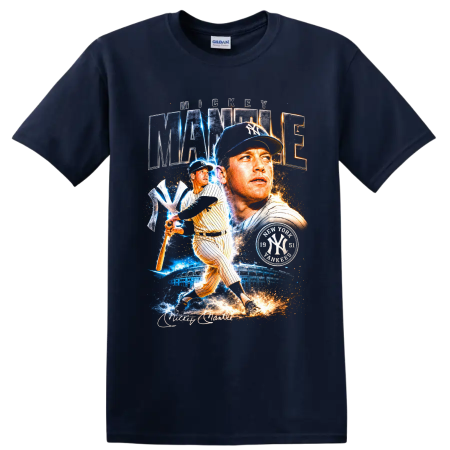 Mickey Mantle New York Yankees portrait and batting collage with MANTLE lettering on a Navy (Blue) T Shirt