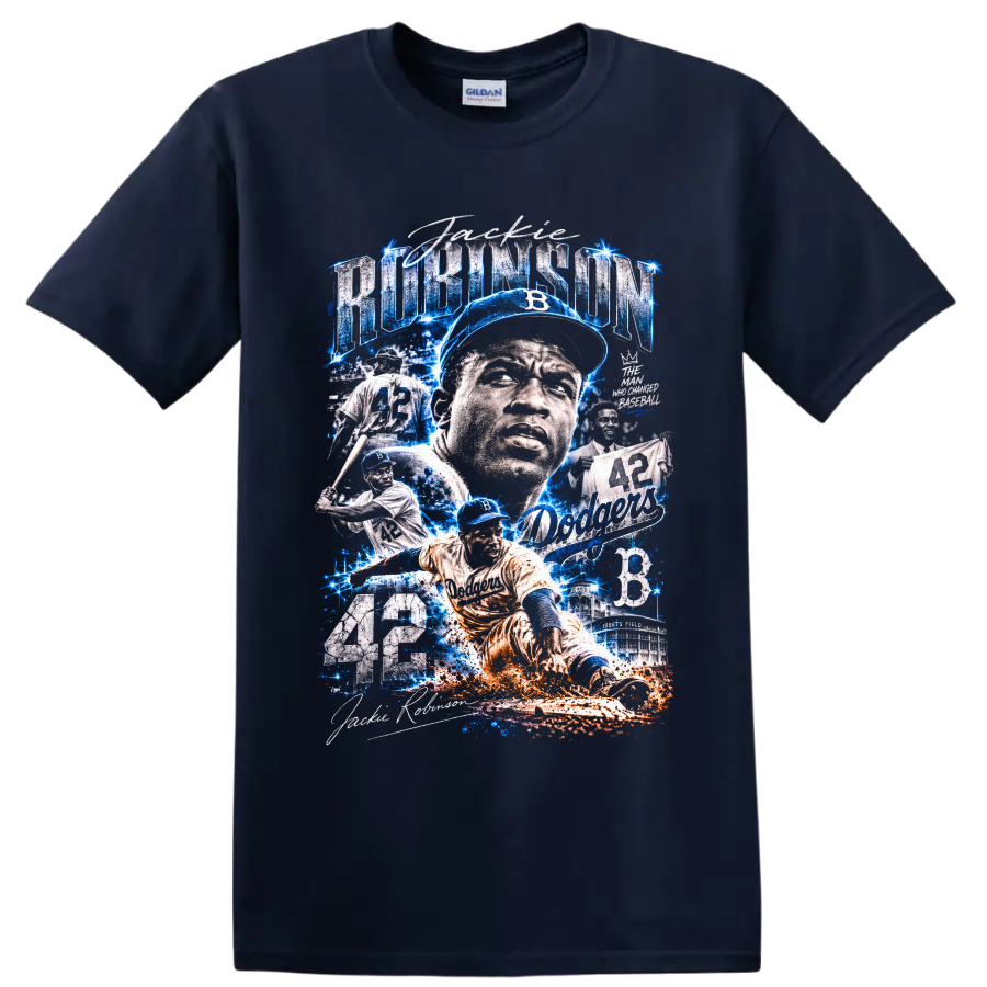 Jackie Robinson Brooklyn Dodgers 42 baseball collage with electric blue action effects on a Navy (Blue) T Shirt