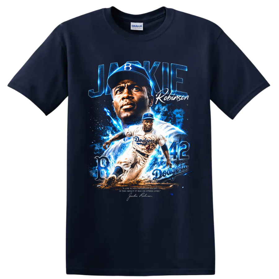 Jackie Robinson Brooklyn Dodgers 42 portrait and action baseball tribute graphic on a Navy (Blue) T Shirt