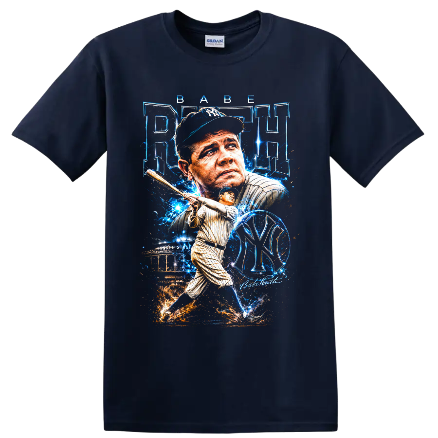 Babe Ruth Yankees baseball portrait and batting graphic with Yankee Stadium on a Navy (Blue) T Shirt