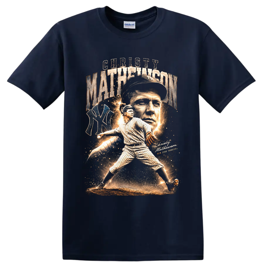 Christy Mathewson vintage baseball collage with pitcher portrait, action pose, and NY on a Navy (Blue) T Shirt