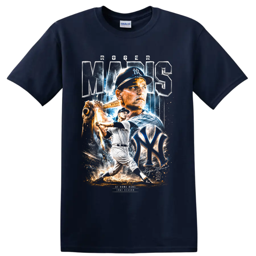 Aaron Judge New York Yankees baseball action portrait graphic with NY emblem on a Navy (Blue) T Shirt