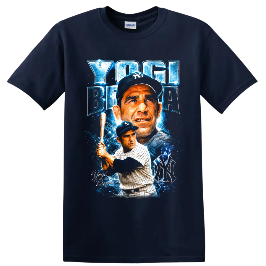 Yogi Berra New York Yankees portrait and batting graphic with blue electric effects on a Navy (Blue) T Shirt
