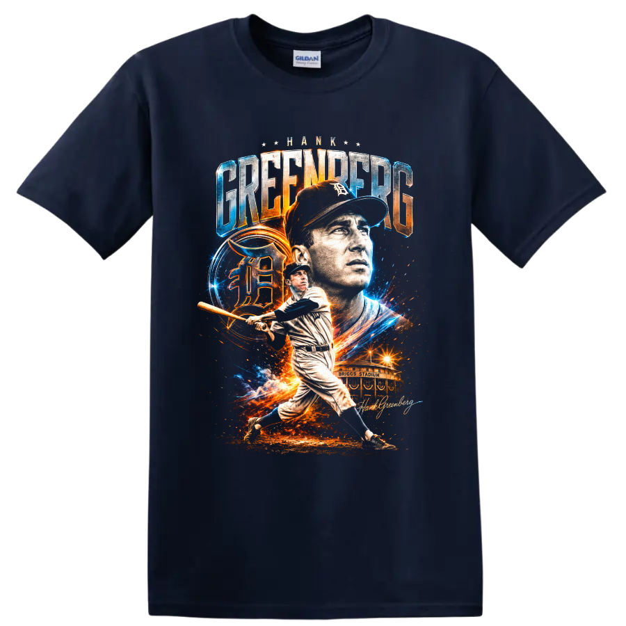 Hank Greenberg Detroit Tigers portrait and batting collage with Briggs Stadium on a Navy (Blue) T Shirt