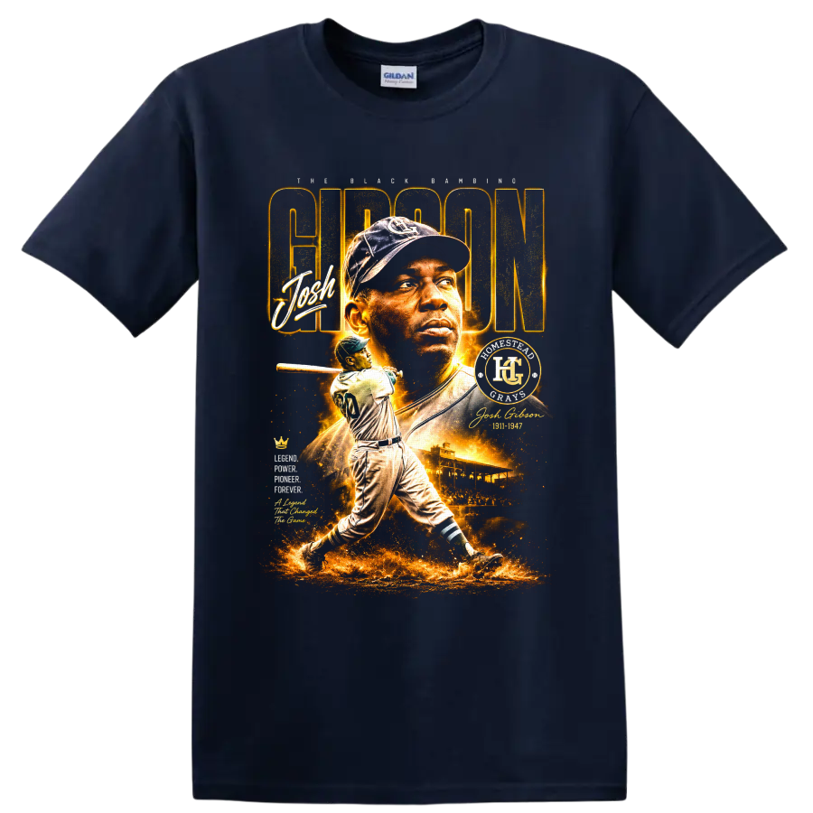 Josh Gibson Homestead Grays portrait and batting tribute in glowing vintage baseball style on a Navy (Blue) T Shirt