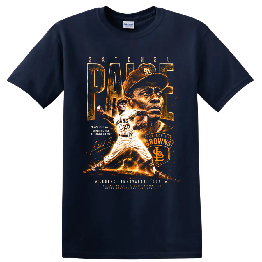 Satchel Paige St. Louis Browns pitcher portrait and action vintage baseball graphic on a Navy (Blue) T Shirt
