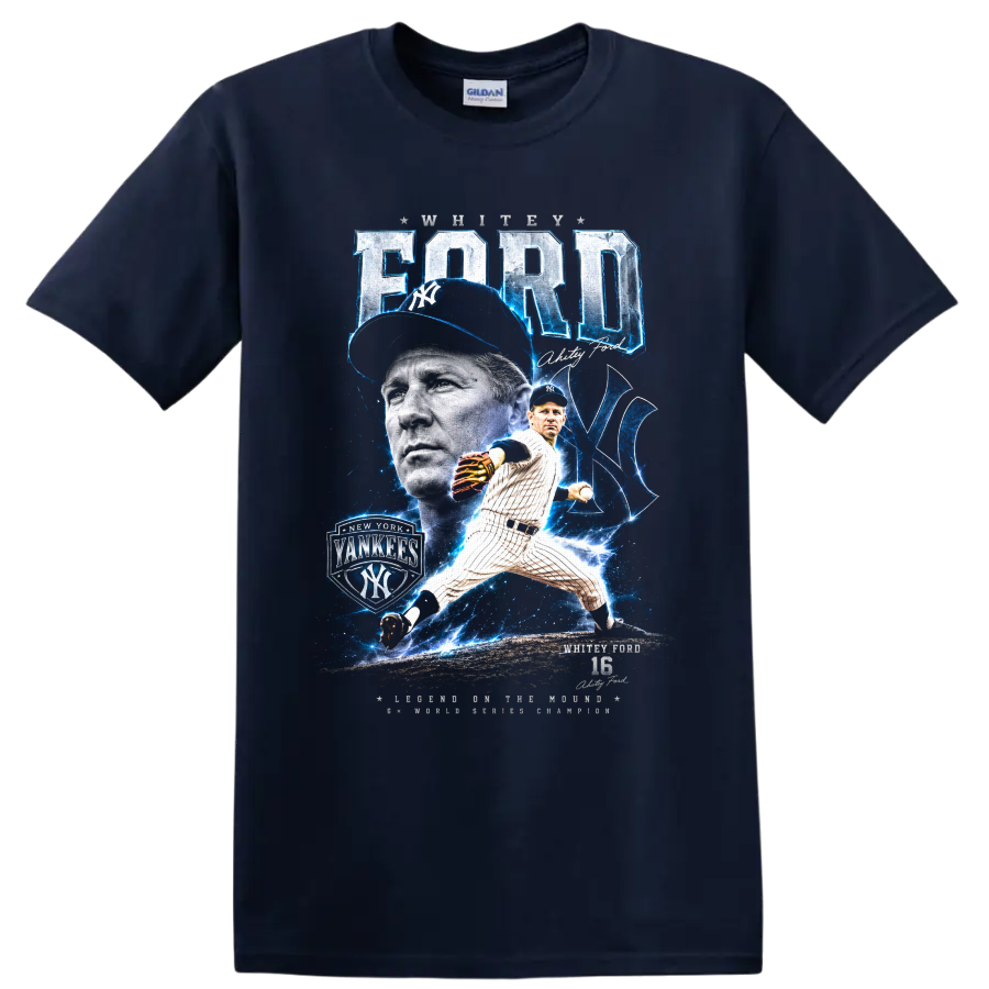 Whitey Ford New York Yankees pitcher portrait and action graphic with number 16 on a Navy (Blue) T Shirt