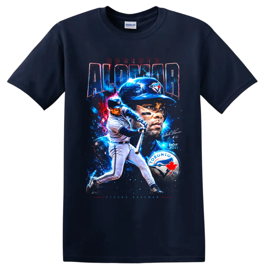 Roberto Alomar Toronto Blue Jays batting and portrait collage with Hall of Fame text on a Navy (Blue) T Shirt