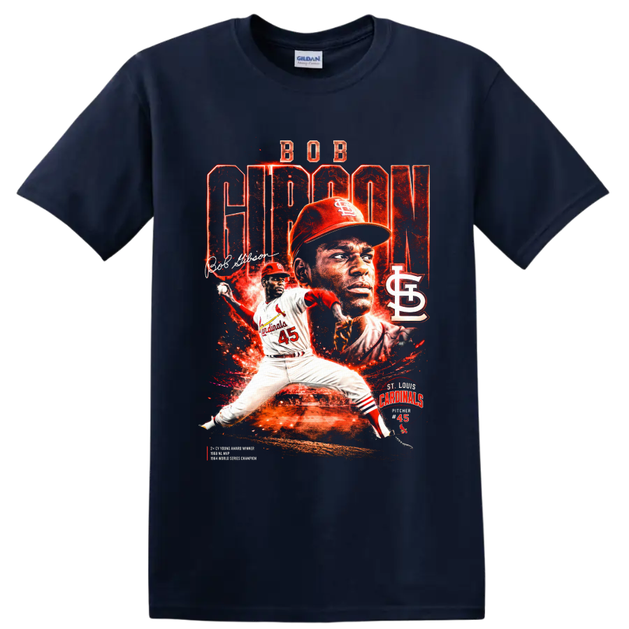 Bob Gibson Cardinals pitcher 45 in fiery distressed baseball collage with STL logo on a Navy (Blue) T Shirt