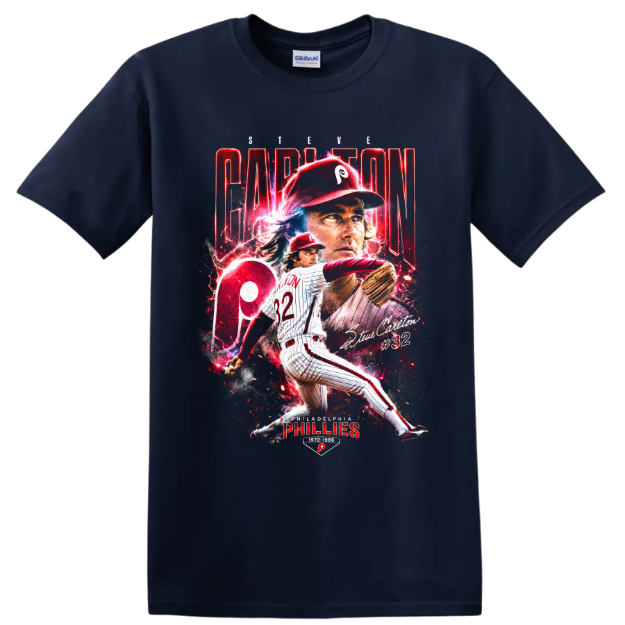 Steve Carlton #32 Philadelphia Phillies pitcher in dramatic red vintage poster art on a Navy (Blue) T Shirt