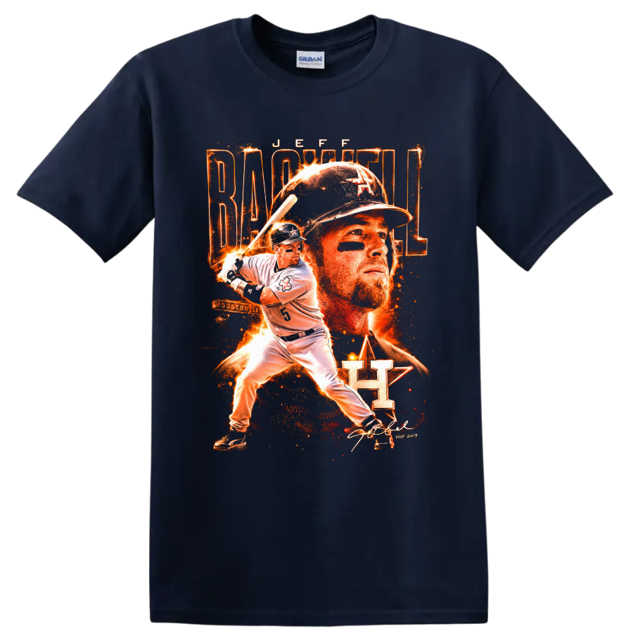 Jeff Bagwell Houston baseball portrait and batting action in fiery vintage poster style on a Navy (Blue) T Shirt