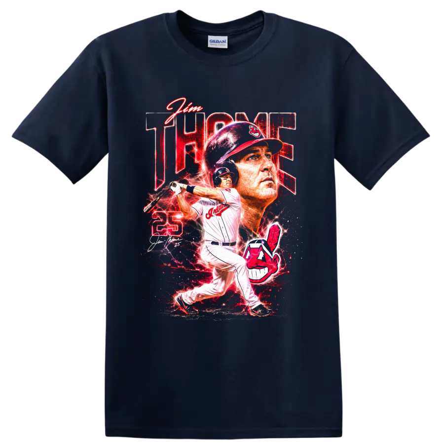 Jim Thome Cleveland Indians batting portrait with number 25 and red lightning graphic on a Navy (Blue) T Shirt