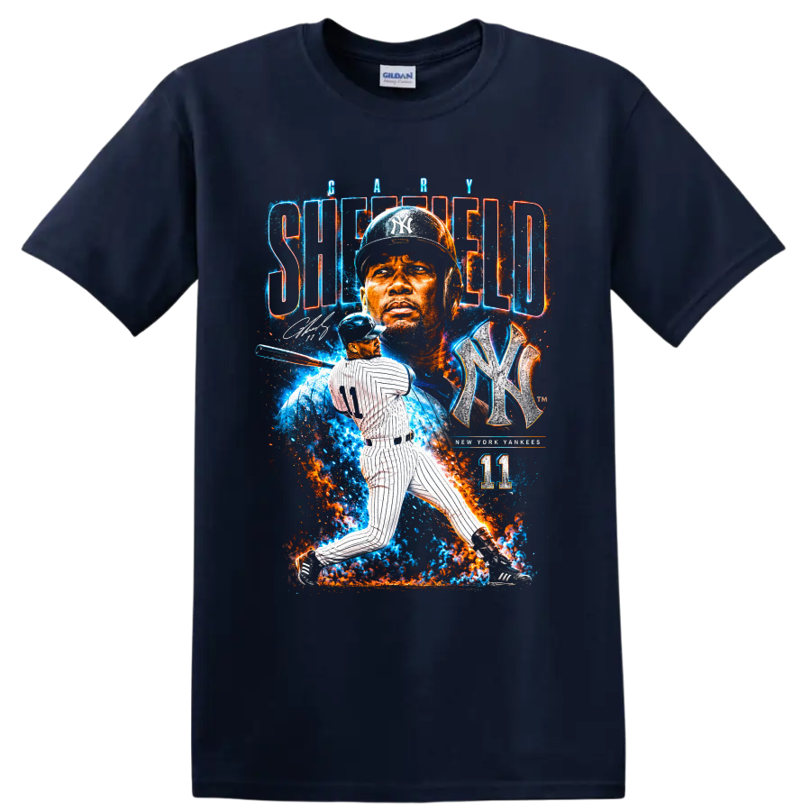 Gary Sheffield Yankees portrait and batting graphic with NY emblem and number 11 on a Navy (Blue) T Shirt