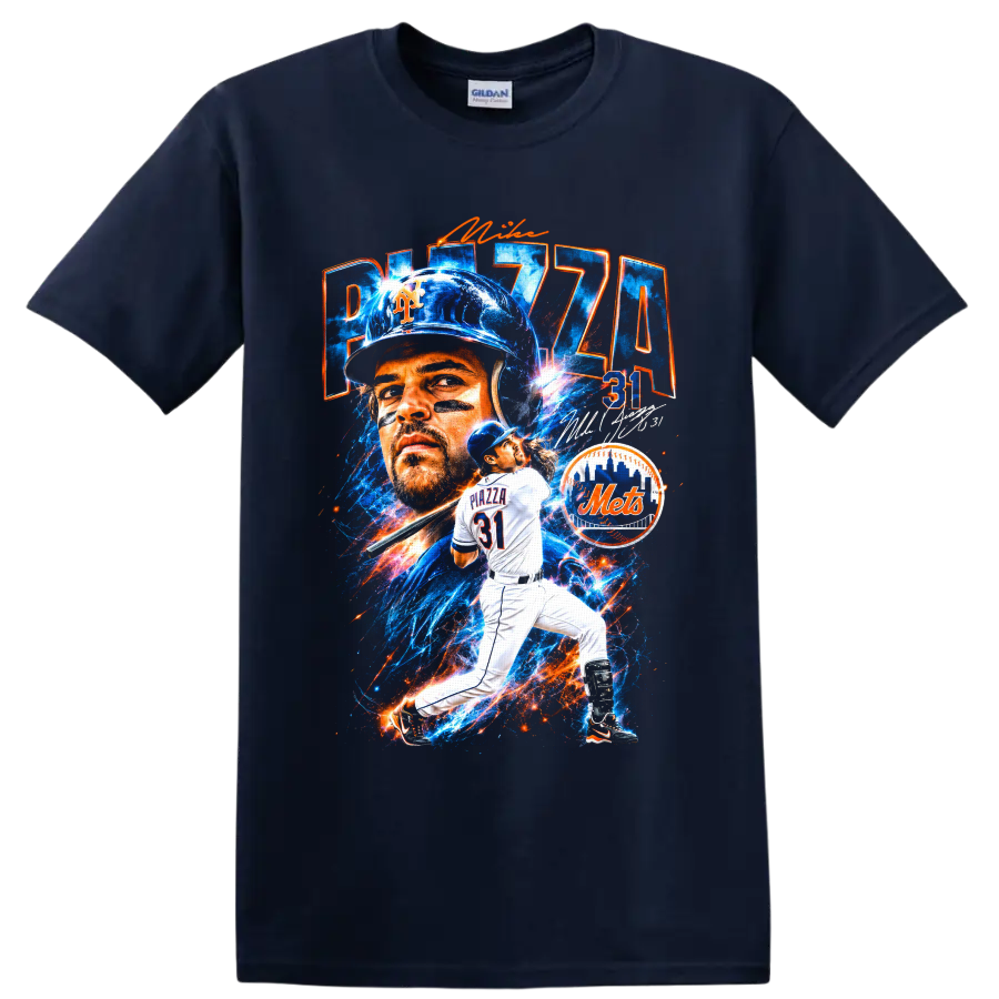 Mike Piazza New York Mets catcher No. 31 in electric blue-and-orange baseball collage on a Navy (Blue) T Shirt
