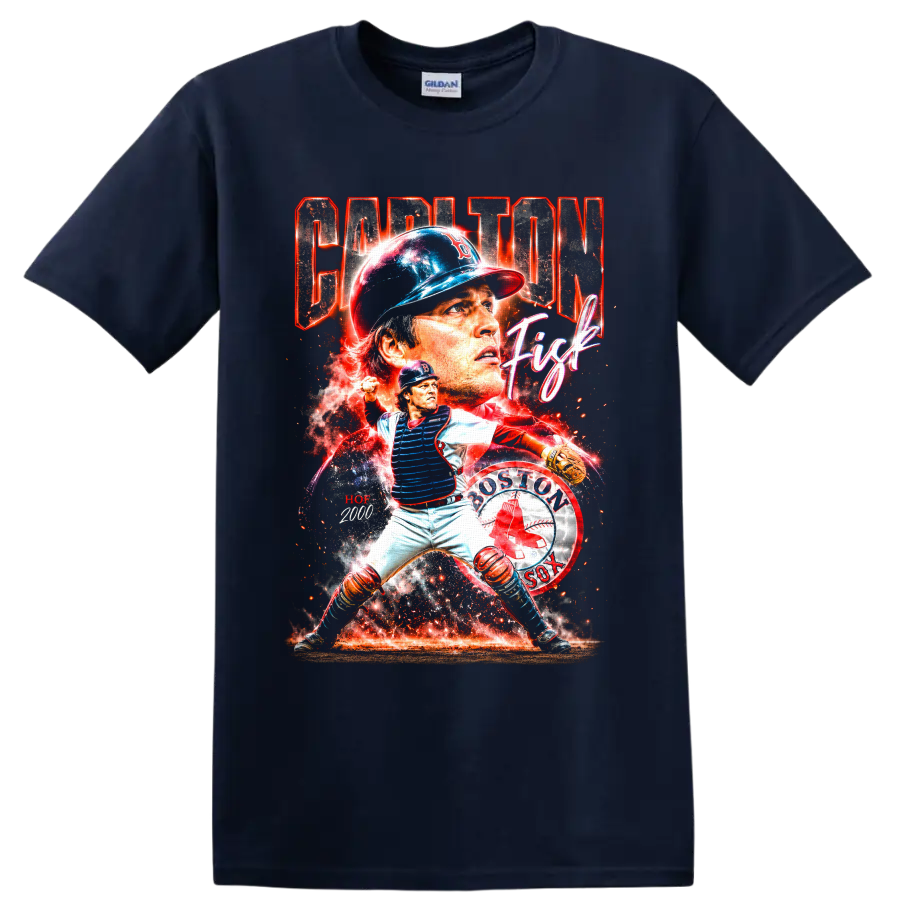 Carlton Fisk Boston Red Sox catcher collage with Captain Fisk and HOF 2000 text on a Navy (Blue) T Shirt