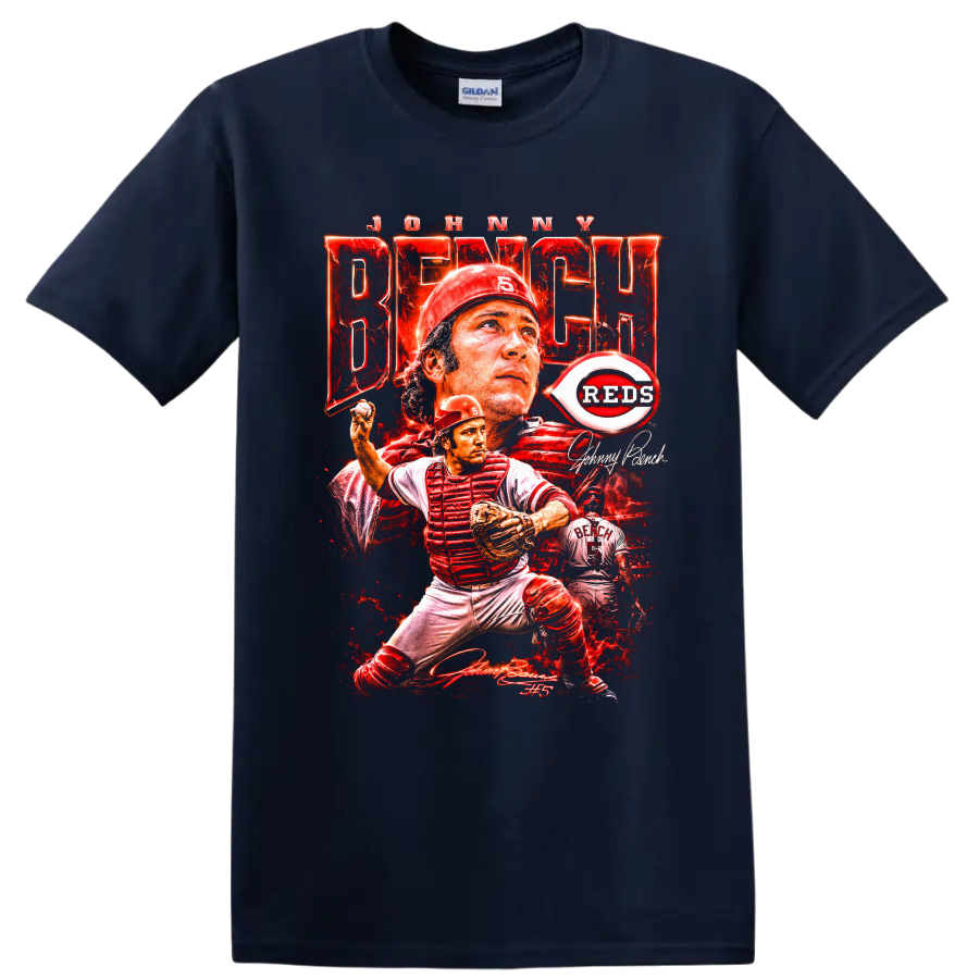 Johnny Bench Cincinnati Reds catcher collage with No. 5 and distressed red poster art on a Navy (Blue) T Shirt
