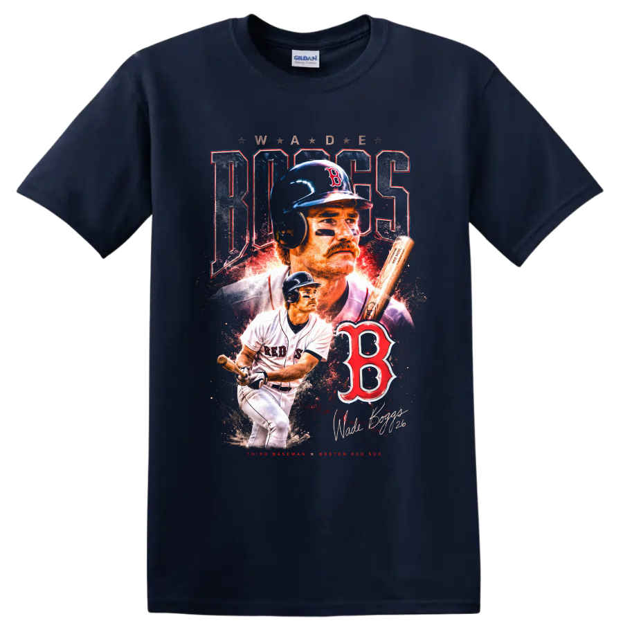 Wade Boggs Boston Red Sox vintage baseball collage with batting pose and number 26 on a Navy (Blue) T Shirt