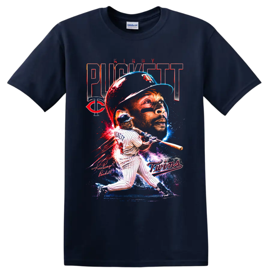 Kirby Puckett Minnesota Twins portrait and batting graphic with number 34 and TC emblem on a Navy (Blue) T Shirt