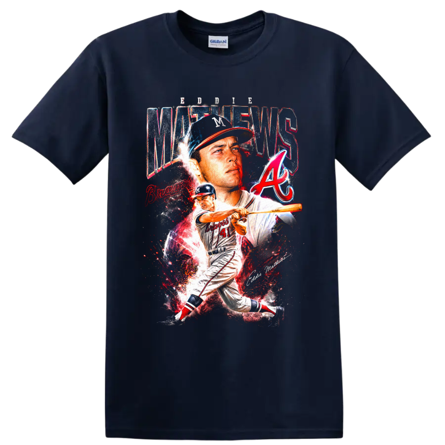 Eddie Mathews Milwaukee Braves portrait and batting action baseball collage on a Navy (Blue) T Shirt