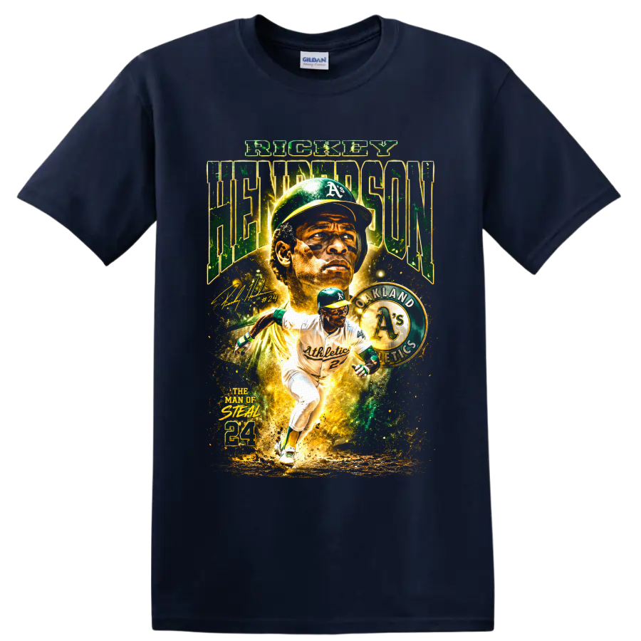 Rickey Henderson Oakland Athletics collage with Man of Steal and 24 text on a Navy (Blue) T Shirt
