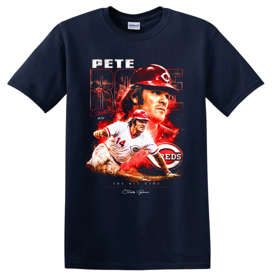 Pete Rose Cincinnati Reds Hit King distressed baseball collage with number 14 action art on a Navy (Blue) T Shirt