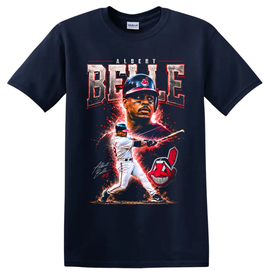 Albert Belle Cleveland Indians baseball poster collage with batting action and lightning on a Navy (Blue) T Shirt