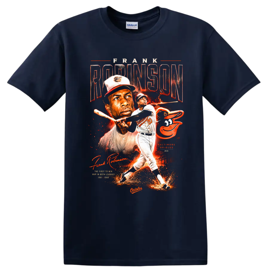 Frank Robinson Baltimore Orioles vintage baseball portrait and batting graphic on a Navy (Blue) T Shirt