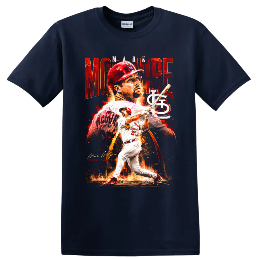 Mark McGwire St. Louis Cardinals batting collage with MCGWIRE text on a Navy (Blue) T Shirt
