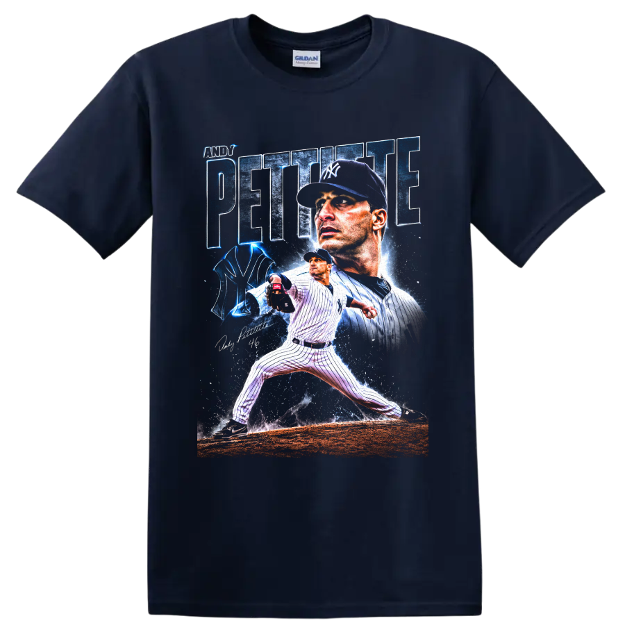 Andy Pettitte Yankees pitcher portrait and pitching action graphic with number 46 on a Navy (Blue) T Shirt