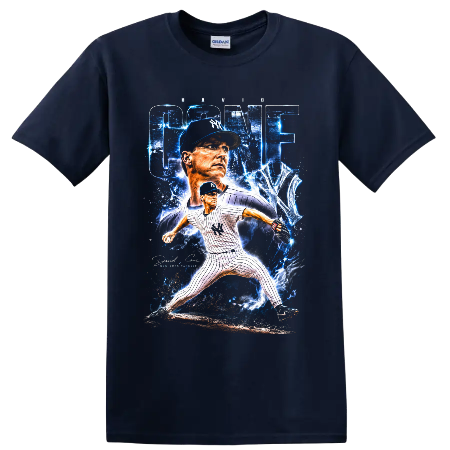 David Cone New York Yankees pitcher with electric blue CONE graphic and pitching pose on a Navy (Blue) T Shirt