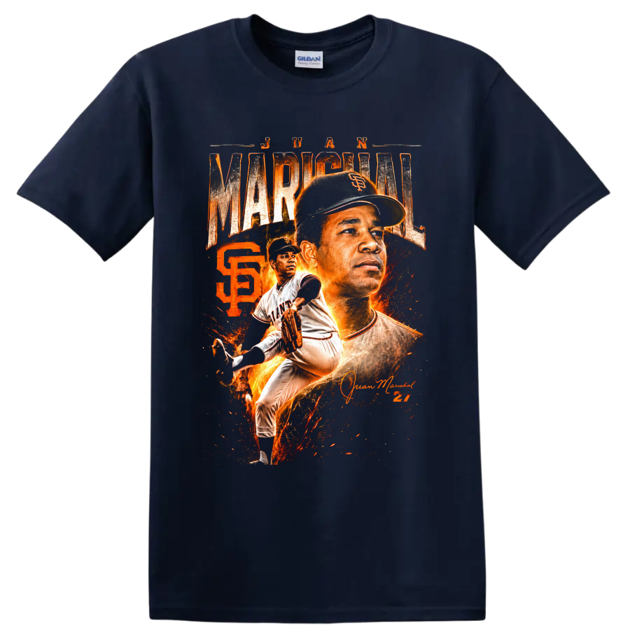 Juan Marichal Giants pitcher portrait and action graphic with fiery number 27 on a Navy (Blue) T Shirt