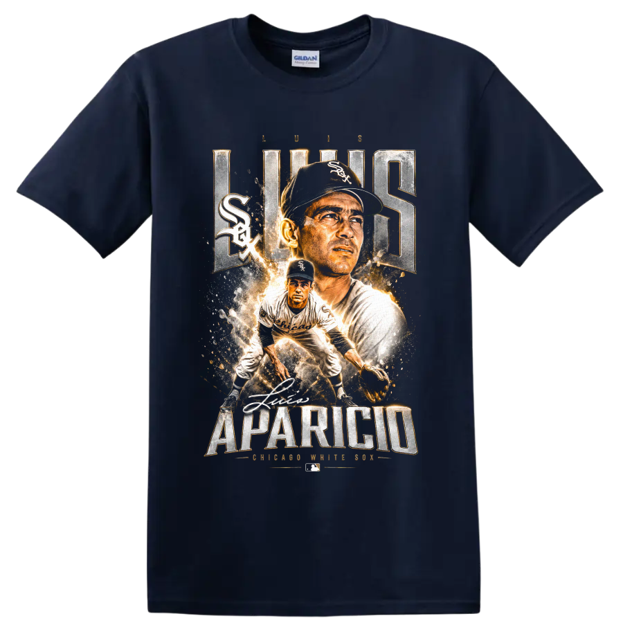 Luis Aparicio Chicago White Sox vintage baseball portrait and fielding graphic on a Navy (Blue) T Shirt