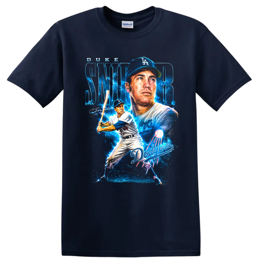 Duke Snider Los Angeles Dodgers portrait and batting collage with SNIDER lettering on a Navy (Blue) T Shirt