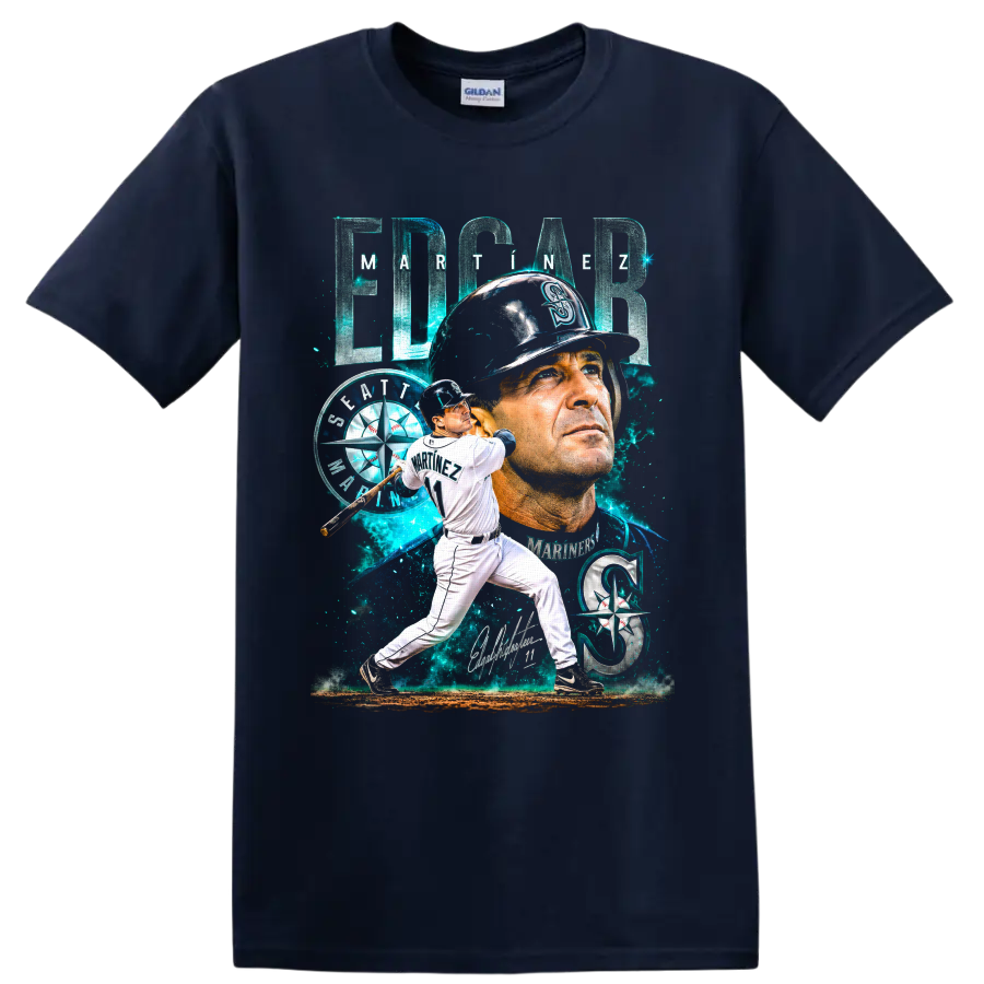 Edgar Martínez Seattle Mariners portrait and batting graphic with number 11 on a Navy (Blue) T Shirt