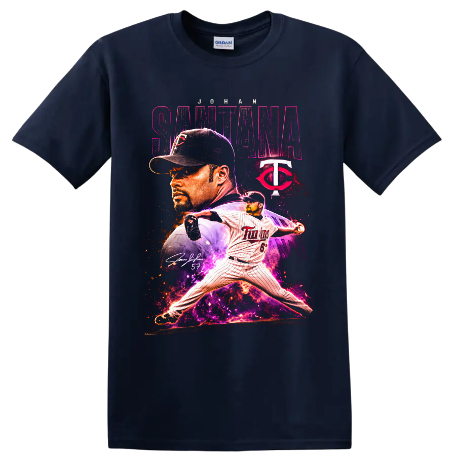 Johan Santana Minnesota Twins pitcher portrait and action graphic with number 57 on a Navy (Blue) T Shirt