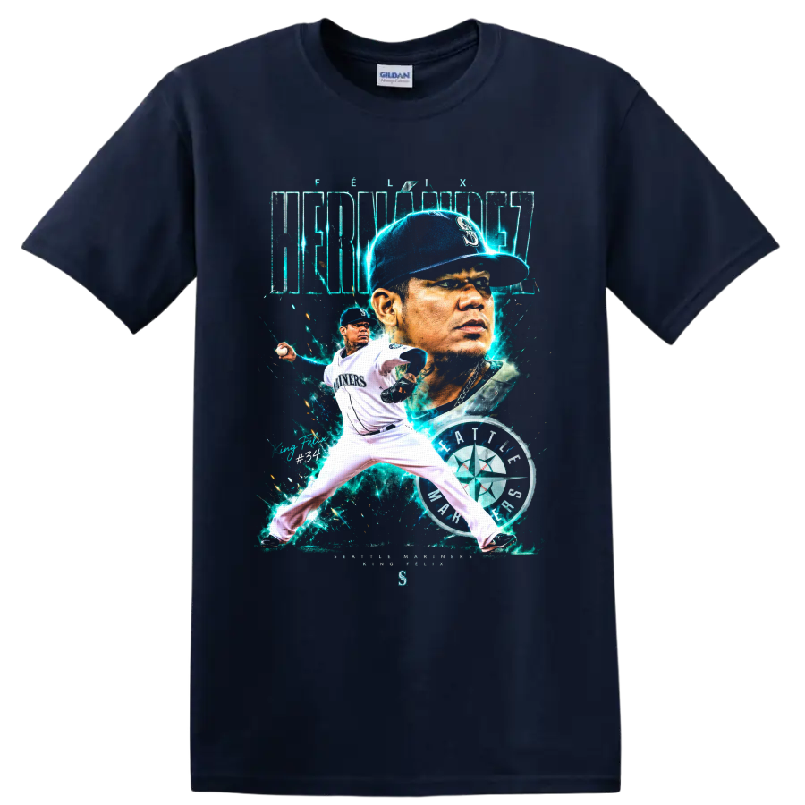 Félix Hernández Seattle Mariners portrait and pitching graphic with King Félix No. 34 on a Navy (Blue) T Shirt