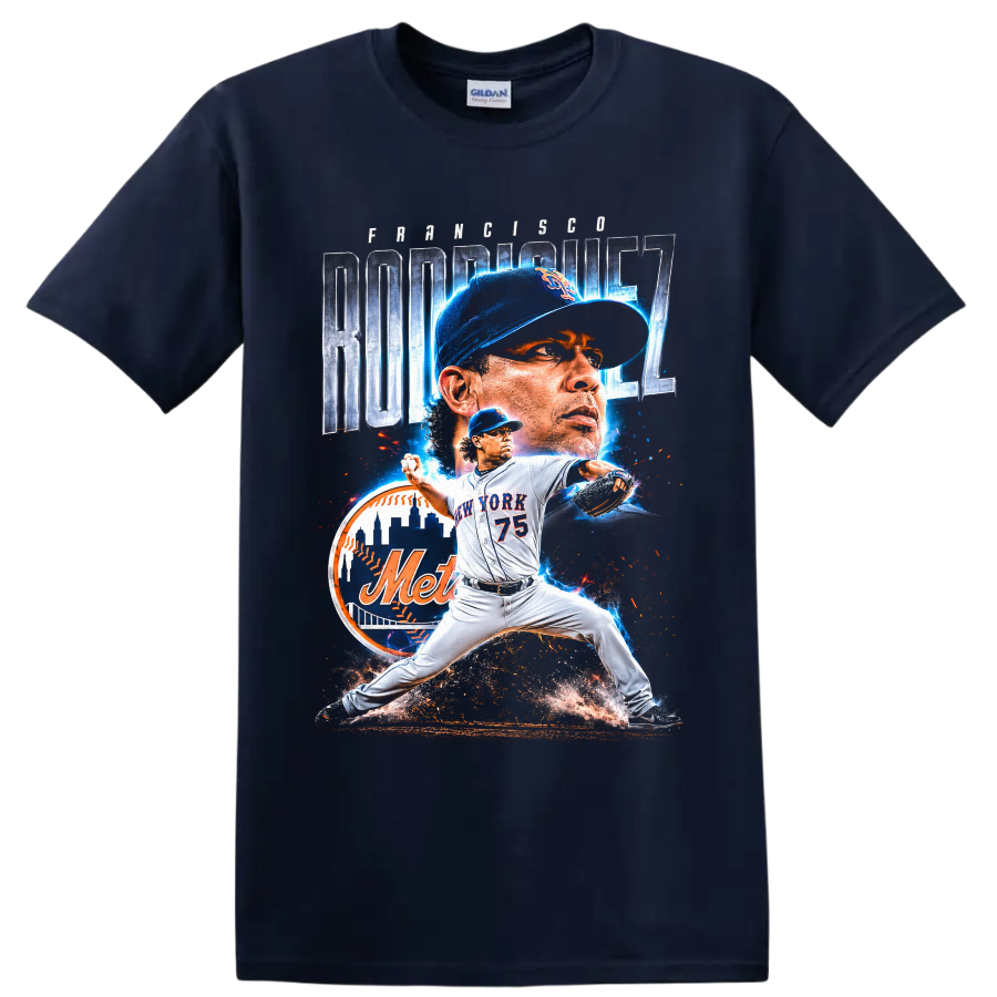 Francisco Rodríguez Mets pitcher action graphic with number 75 and New York skyline on a Navy (Blue) T Shirt