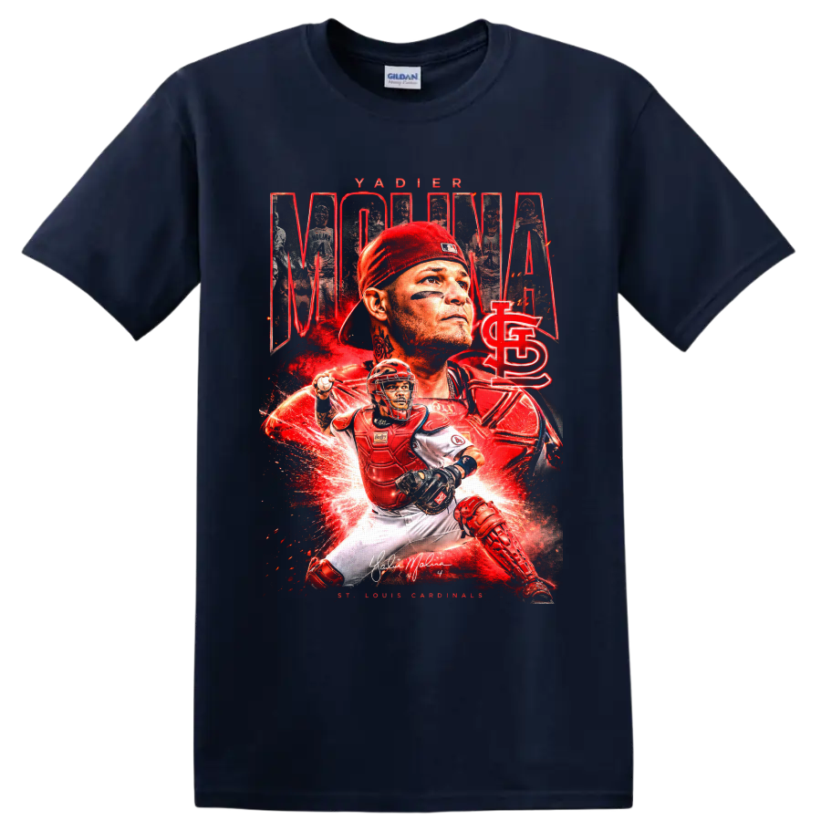 Yadier Molina St. Louis Cardinals catcher collage with red energy effects on a Navy (Blue) T Shirt