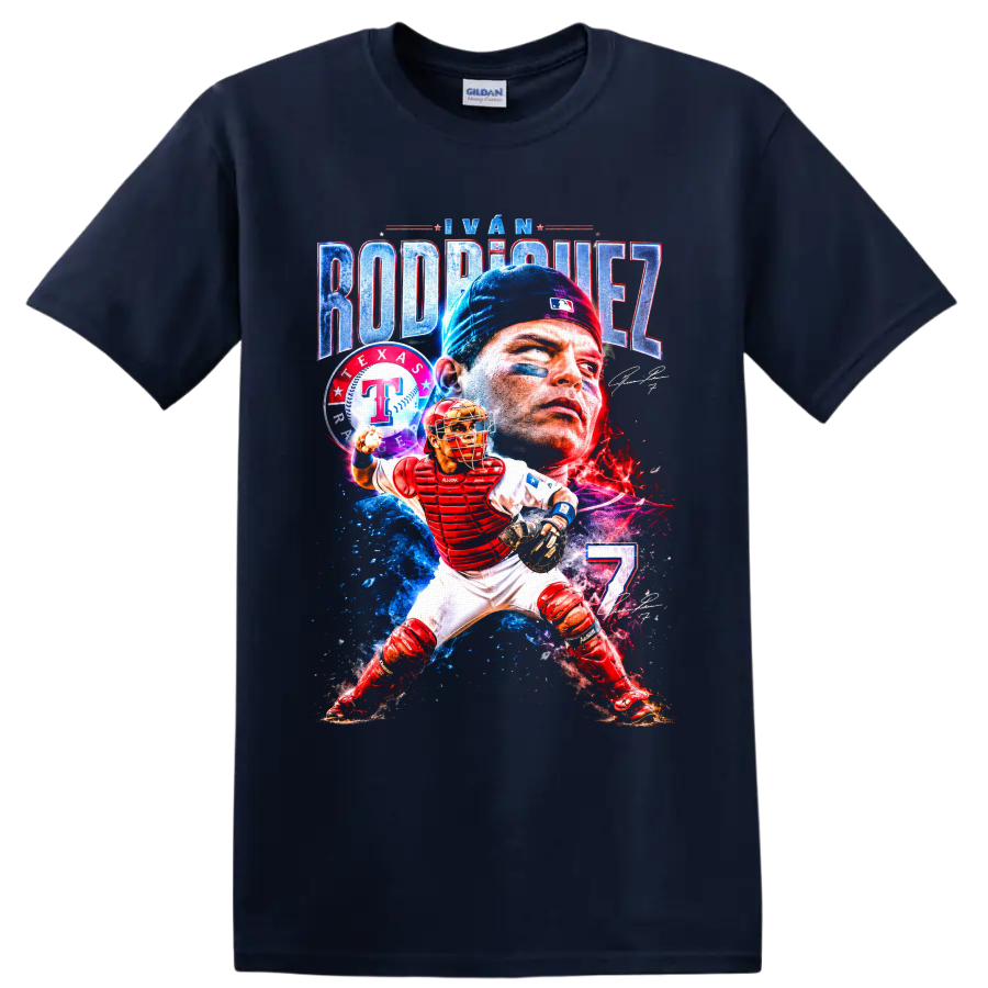 Iván Rodríguez Texas Rangers catcher portrait and action graphic with number 7 on a Navy (Blue) T Shirt