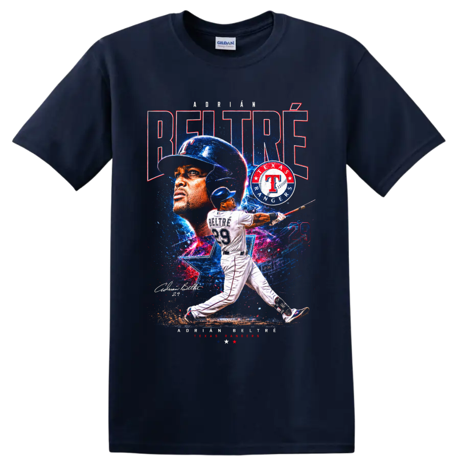 Adrián Beltré Texas Rangers batting collage with number 29 and distressed team graphics on a Navy (Blue) T Shirt