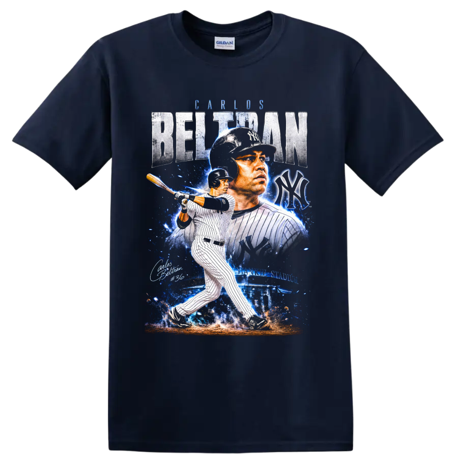 Carlos Beltrán Yankees pinstripe batting collage with BELTRAN text, NY emblem, and #36 on a Navy (Blue) T Shirt