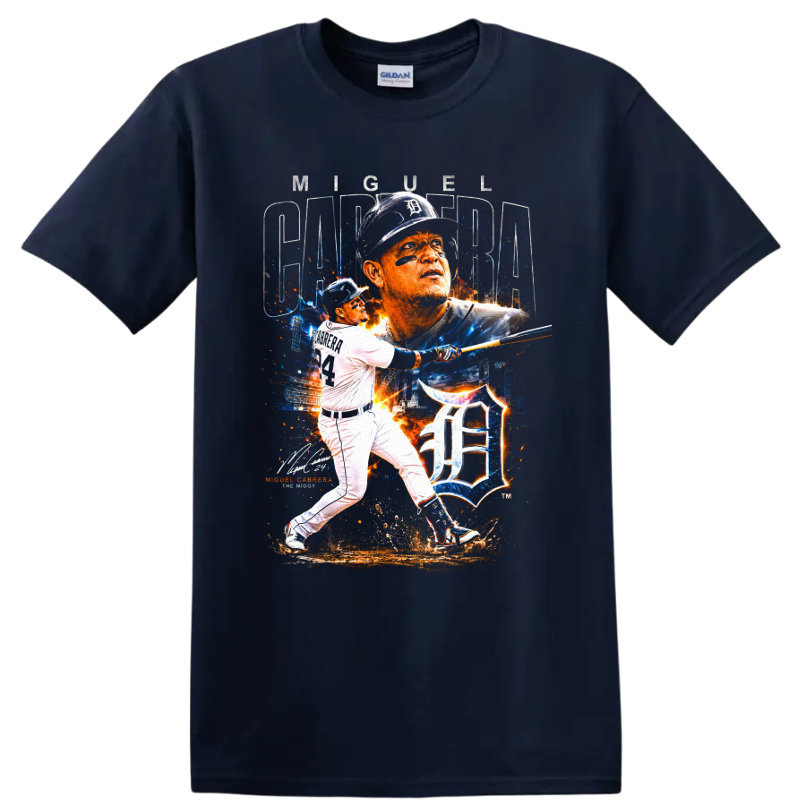 Miguel Cabrera Detroit Tigers batting portrait with Old English D splatter graphic on a Navy (Blue) T Shirt