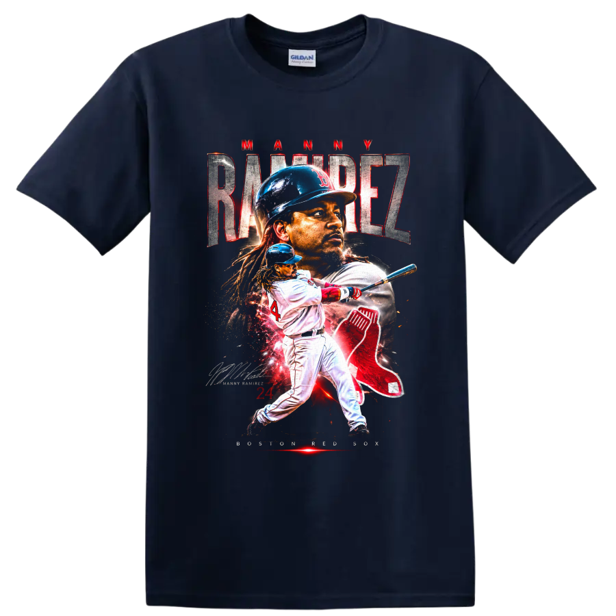 Manny Ramirez Boston Red Sox portrait and batting graphic with number 24 on a Navy (Blue) T Shirt