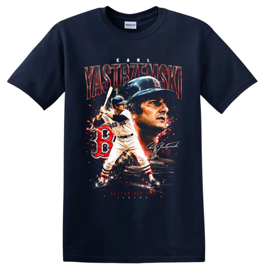 Carl Yastrzemski Boston Red Sox portrait and batting action vintage collage on a Navy (Blue) T Shirt