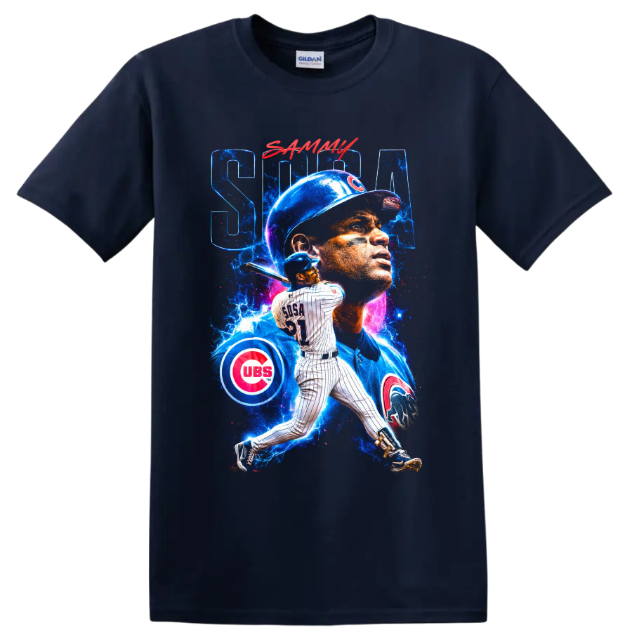 Sammy Sosa Chicago Cubs batting portrait collage with electric blue cosmic splashes on a Navy (Blue) T Shirt