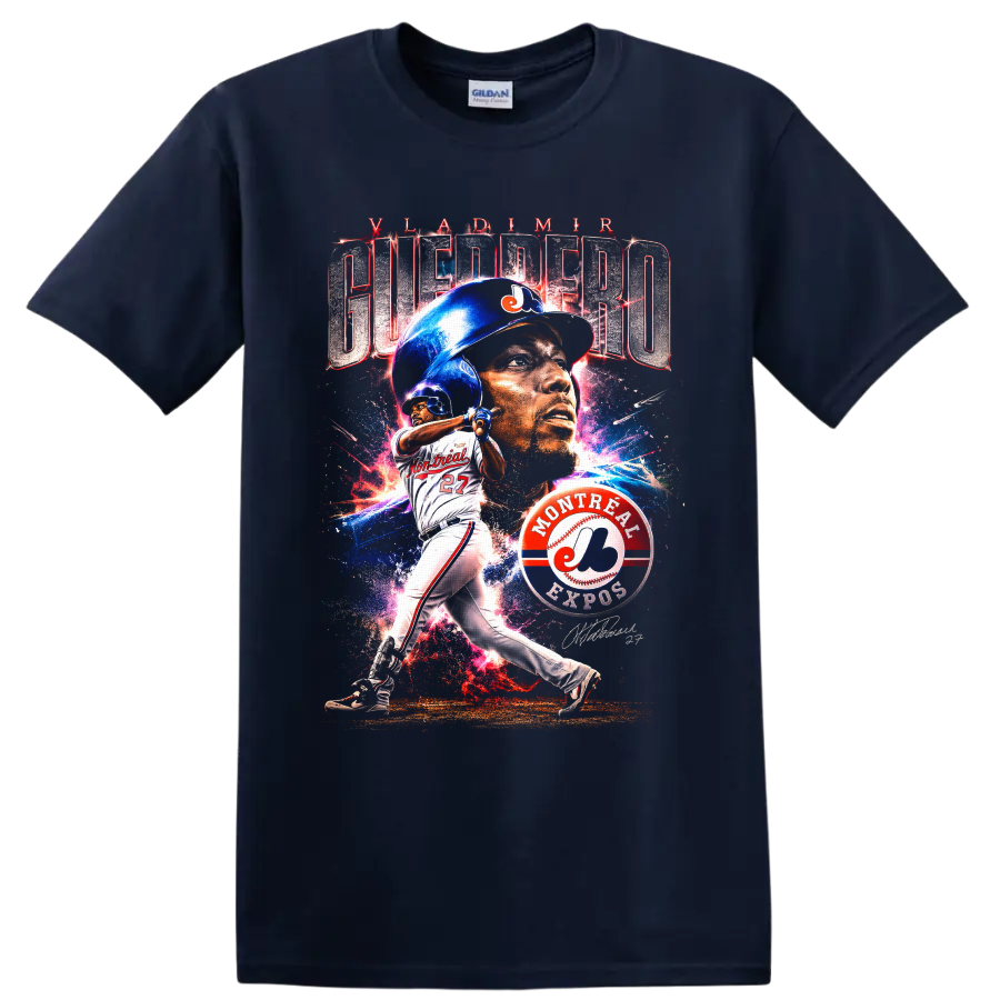 Vladimir Guerrero Montreal Expos portrait and batting graphic with number 27 on a Navy (Blue) T Shirt