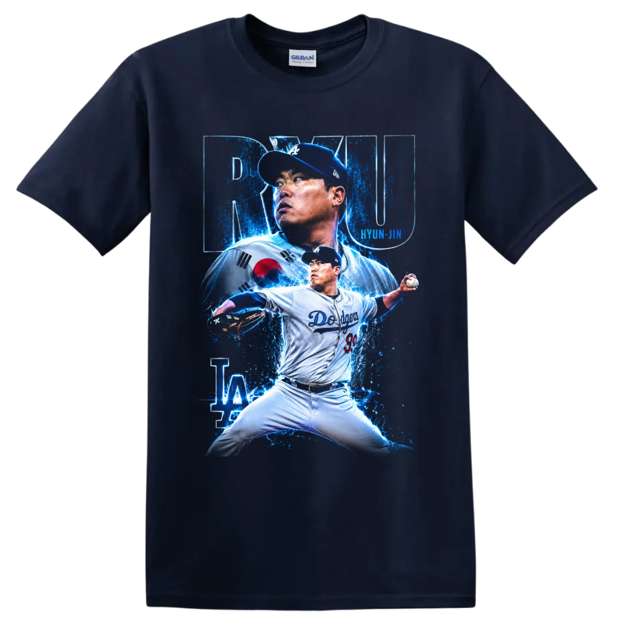 Hyun Jin Ryu Dodgers pitcher collage with Korean flag and electric blue splashes on a Navy (Blue) T Shirt