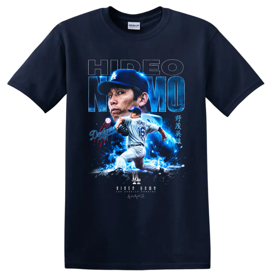 Hideo Nomo Dodgers pitcher portrait and number 16 action graphic on a Navy (Blue) T Shirt